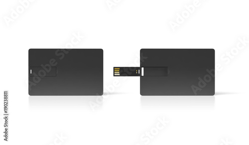 Blank black plastic wafer usb card mock up, opened and closed, clipping path, 3d rendering. Visiting flash drive namecard mockup. Call-card disk souvenir presentation. Flat credit stick adapter design