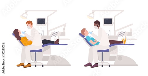 Bundle of dentists examining male and female patients lying in chairs. Set of dental surgeons treating man and woman isolated on white background. Flat cartoon characters. Colored vector illustration.