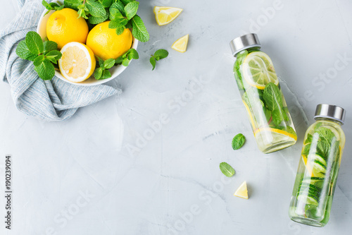 Fresh cool lemon cucumber mint infused water detox drink photo