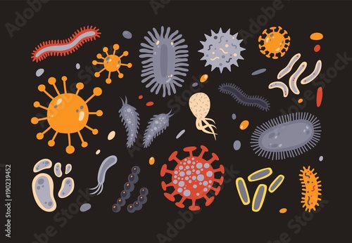Collection of various microorganisms isolated on black background. Set of germs, pathogens, protozoa, microbes. Bundle of disease causing bacteria and viruses. Colorful flat vector illustration.