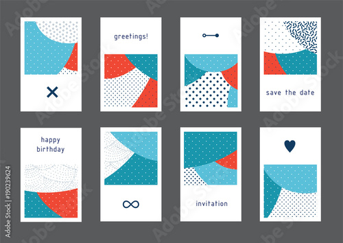 Set of creative universal geometric cards. Designs for prints, wedding, anniversary, birthday, Valentine's day, party invitations, posters, cards, etc. Vector. Isolated.