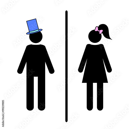 Flat vector: icon of a man and a woman on a white background. Isolated toilet sign. Black figures. gentleman in a blue hat, a lady with a pink bow and a tail on her head. 