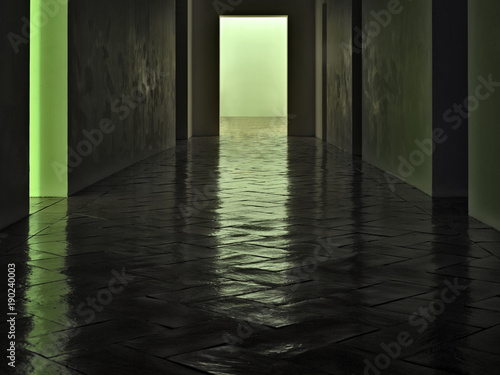 two surreal light doors facing a dark hallway