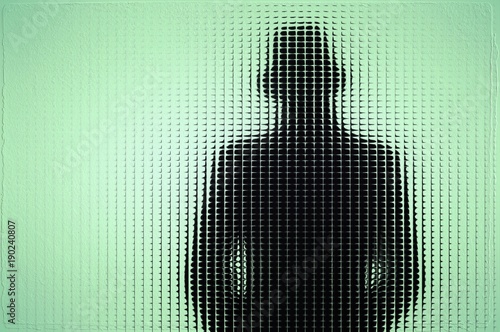 Figure of a man with hat behind blue glass. Element design.