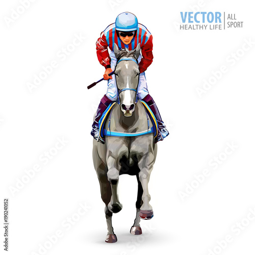 Jockey on horse. Champion. Horse racing. Hippodrome. Racetrack. Jump racetrack. Horse riding. Racing horse coming first to finish line. Isolated on white background. Vector illustration