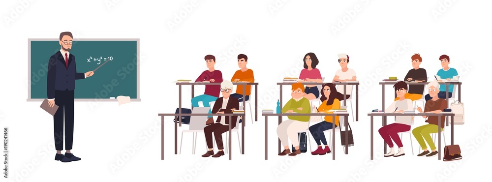 Pupils sitting at desks in classroom, demonstrating good behavior and  attentively listening to teacher standing beside chalkboard and explaining  lesson. Flat cartoon characters. Vector illustration. Stock Vector | Adobe  Stock