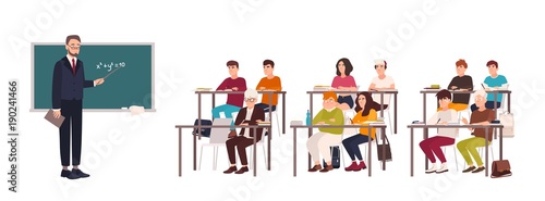 Pupils sitting at desks in classroom, demonstrating good behavior and attentively listening to teacher standing beside chalkboard and explaining lesson. Flat cartoon characters. Vector illustration.