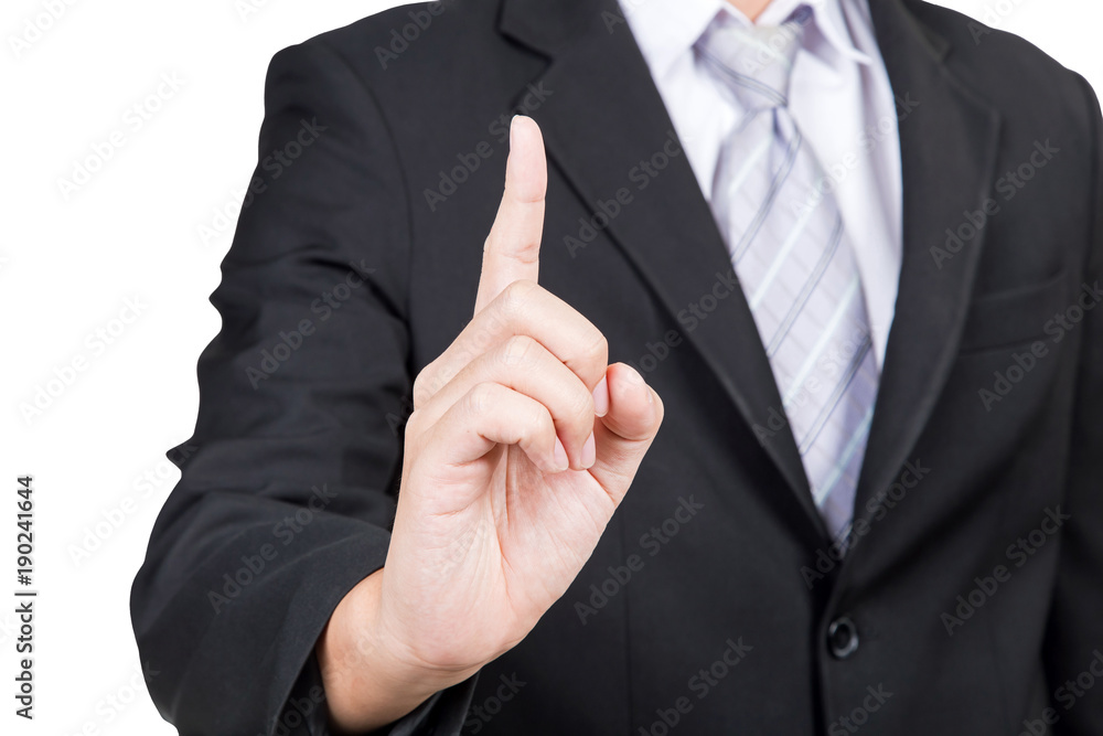 businessman touching an imaginary screen with clipping path isolated on white background businessman touching an imaginary screen with clipping path isolated on white background