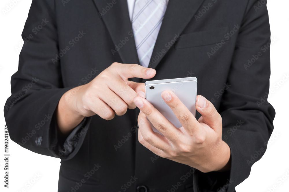 close up of a businessman using mobile smart phone with clipping path isolated on white background close up of a businessman using mobile smart phone with clipping path isolated on white background