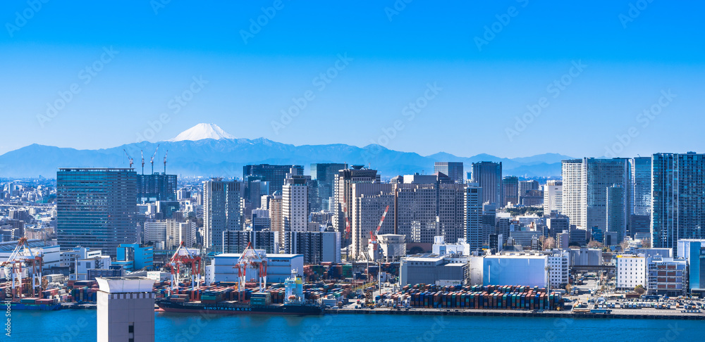 Obraz premium お台場から眺める東京ベイエリアと富士山