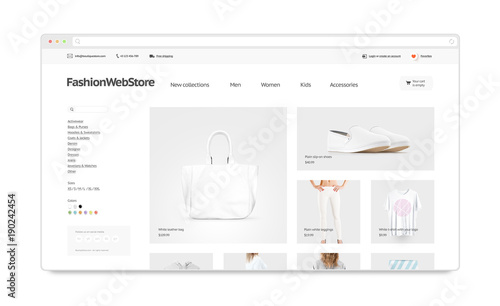Fashion webstore site template mock up isolated, 3d illustration. Clothing web page interface mockup. Internet website template. Web store screen layout for computer display.