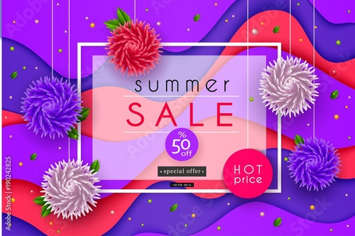 Summer sale banner for advertising banner, poster, promotion, web site, online shopping. Cut paper art. Abstract 3d flowers, landscape. Season discount banner design. Vector illustration