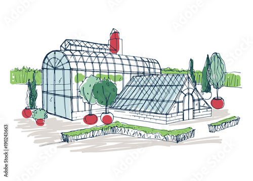 Freehand drawing of exterior of tropical botanical garden surrounded by bushes and trees growing in pots. Rough sketch of facade of glass greenhouse. Colorful hand drawn vector illustration.