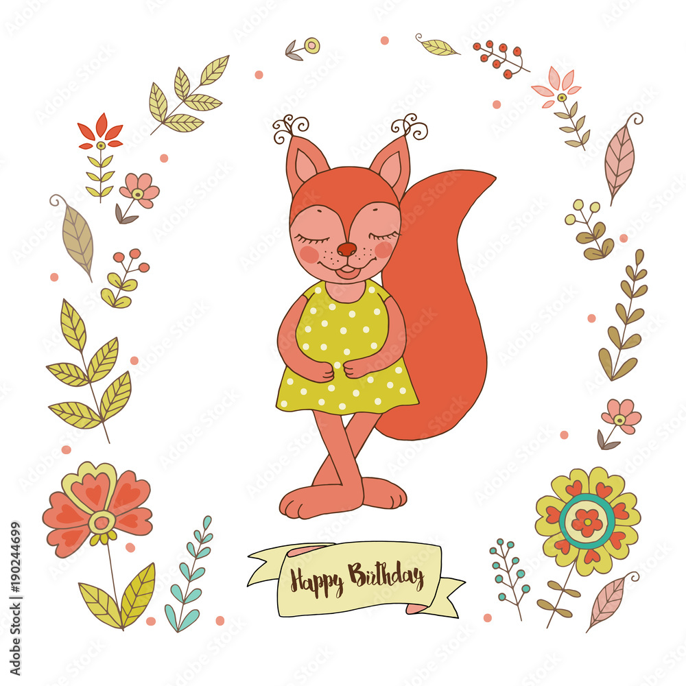 Obraz premium Cute squirrel with vintage frame for your design in doodle style.