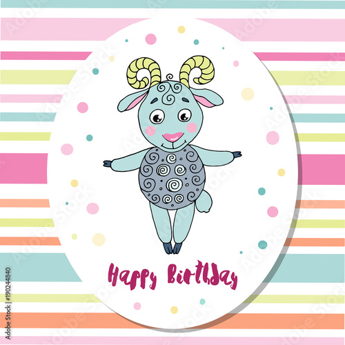 Cute sheep on multicolored background with stripes