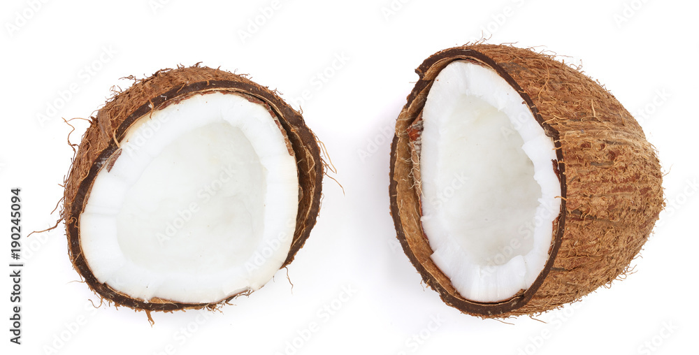 coconut half isolated on white background. Flat lay. Top view coconut half isolated on white background. Flat lay. Top view
