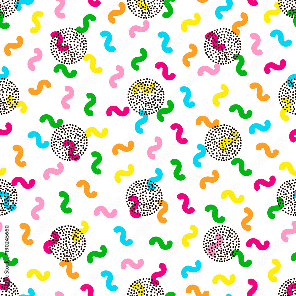 Colorful seamless pattern from circles. Bright background. 80's - 90's years design style.
