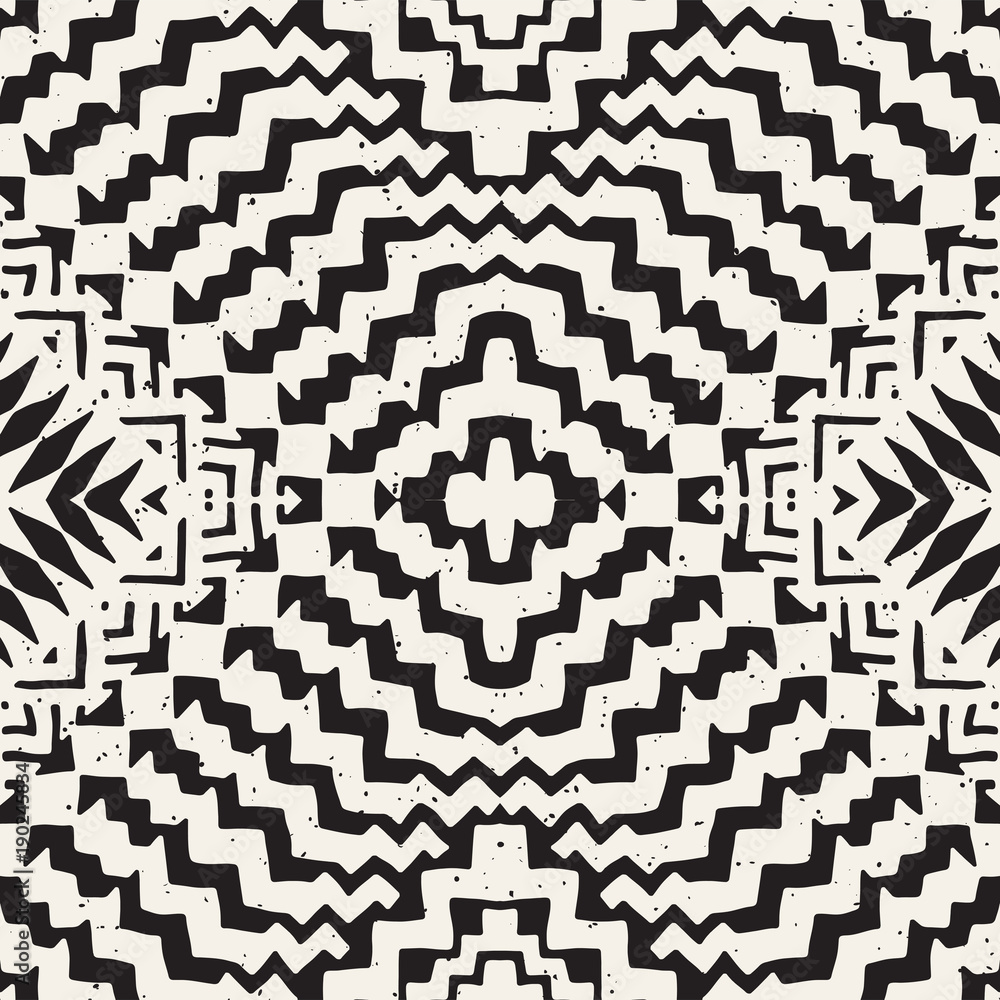Seamless ethnic and tribal pattern. Hand drawn ornamental stripes. Black and white print. Vector geometric background. Seamless ethnic and tribal pattern. Hand drawn ornamental stripes. Black and white print. Vector geometric background.