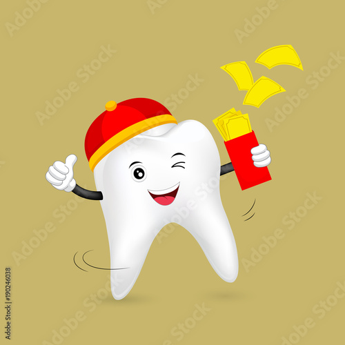 Cute cartoon tooth character wearing Chinese hat. Happy Chinese New Year concept, illustration.