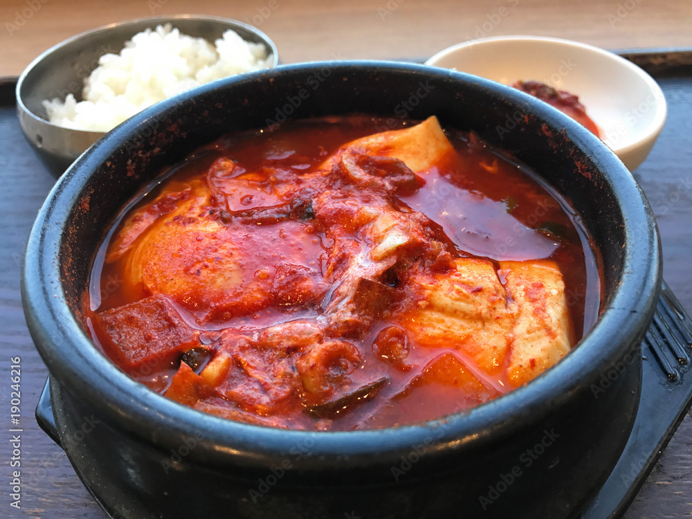 Traditional Korean food, kimchi soup in clay pot Traditional Korean food, kimchi soup in clay pot