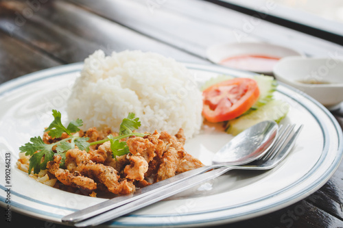 Fried Pork with garlic and pepper on rice, Thai Food