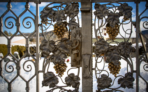 forged floral ornament, grapes leaves and bunches form, on the gate photo