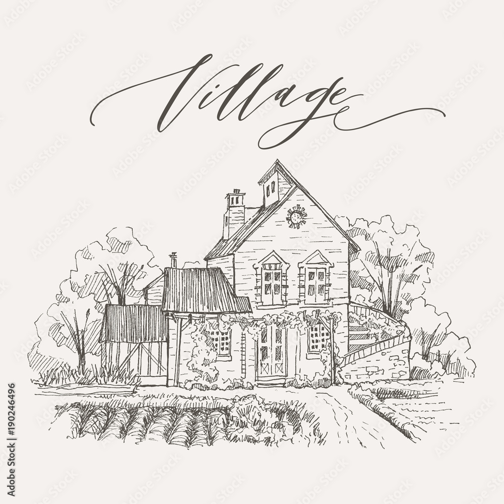 Rural landscape with old farmhouse and garden. Hand drawn illustration. Vector design