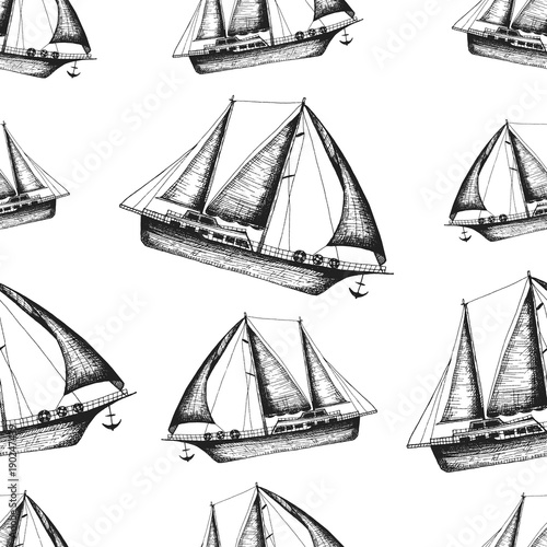 Nautical seamless pattern. Hand drawn sailboat background. Engraved vector illustration.