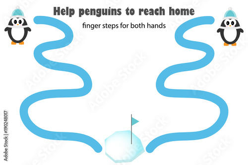 Finger steps for both hand, help the penguin to reach home, simultaneous development of the right and left hemispheres of the brain, preschool worksheet activity for kids, task for children, vector