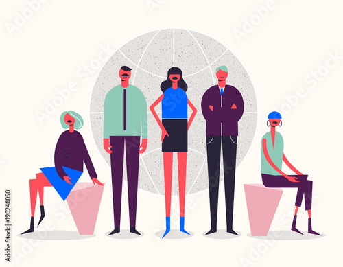 Vector stylized characters. Business illustration. Men and women near the globe.