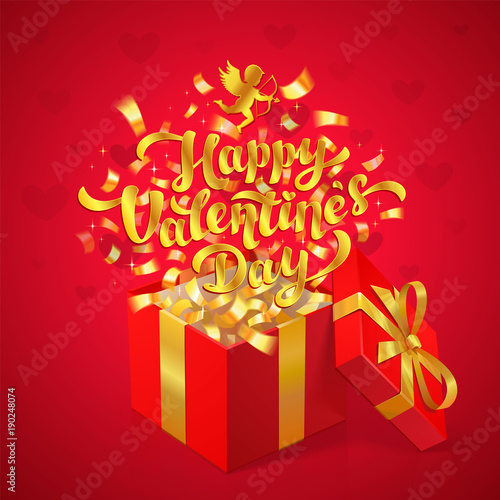 Sant Valentines Day greeting design. Gold Happy Valentines day lettering and ...