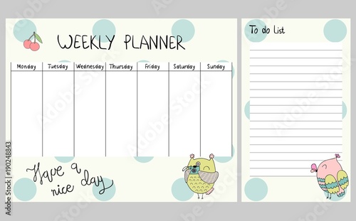 Hand drawing vector weekly planner with owls.