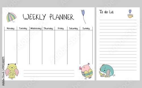 Hand drawing vector weekly planner with owls.