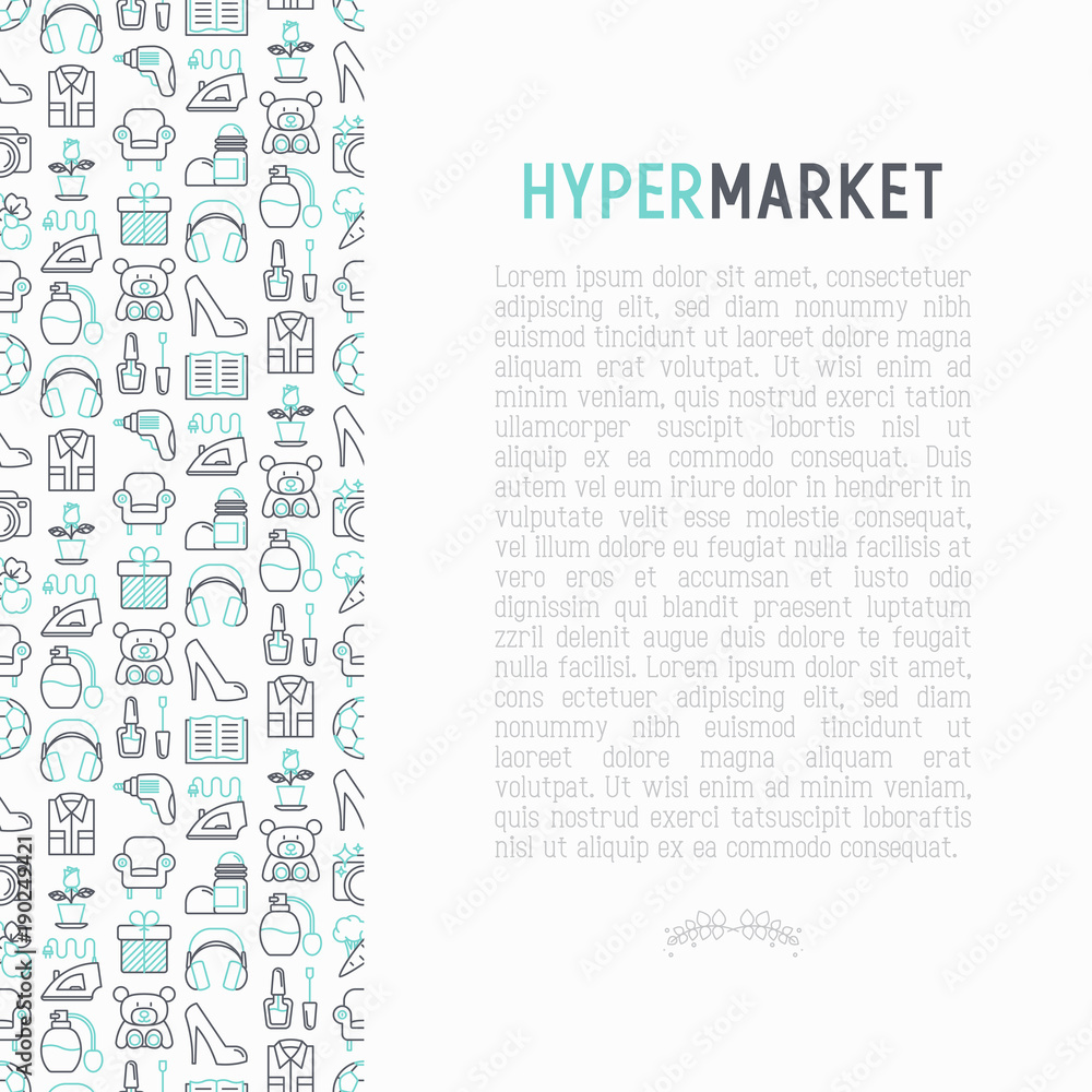 Hypermarket concept with thin line icons: apparel, sport equipment, electronics, perfumery, cosmetics, toys, food, appliances. Modern vector illustration for print media, web page template.