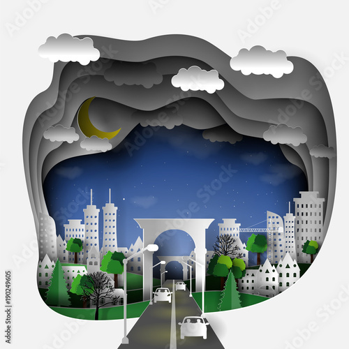 3d Illustration of a paper city with trees, houses, skyscrapers, cars. The style of paper art craft.
