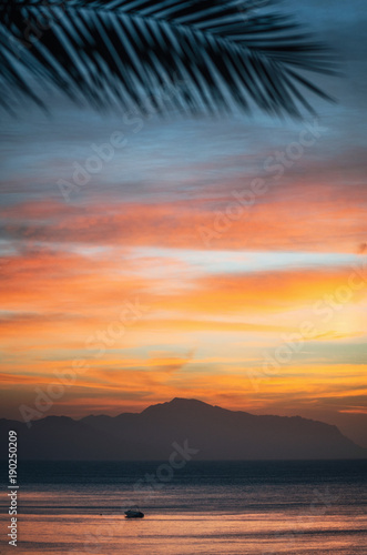Warm colorful sunrise over Tiran island with palm branch in Sharm El-Sheikh, Egypt.