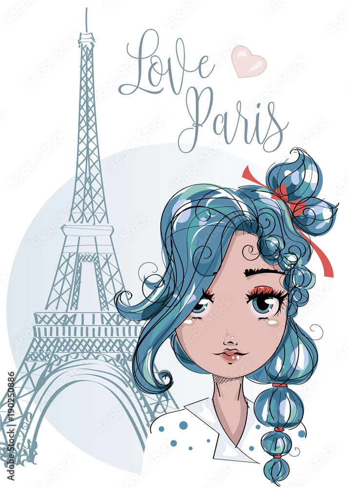 Cute cartoon girl near by the Eiffel Tower in Paris, romantic style fashion  teenager portrait, blue hair young woman vector illustration Stock Vector |  Adobe Stock