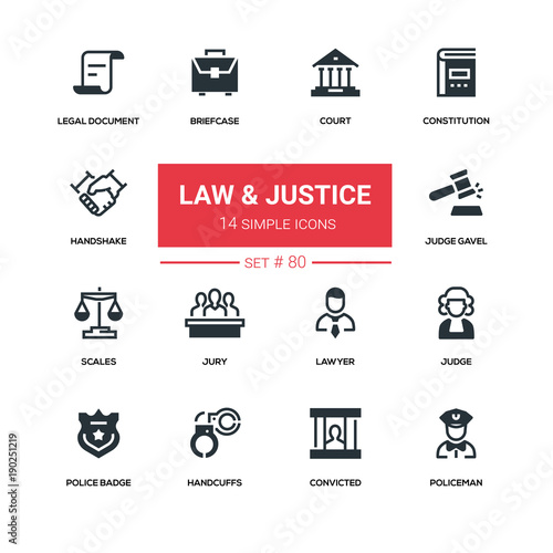 Law and justice - line design silhouette icons set