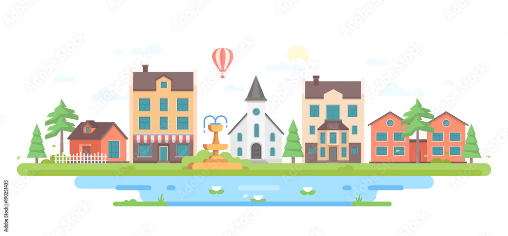 Cityscape with a fountain - modern flat design style vector illustration