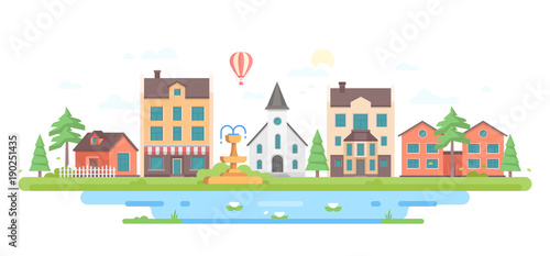 Cityscape with a fountain - modern flat design style vector illustration