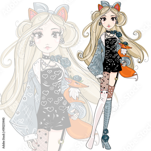 Cute fashion foxy girl cartoon character with little fox, hand drawn vector illustration