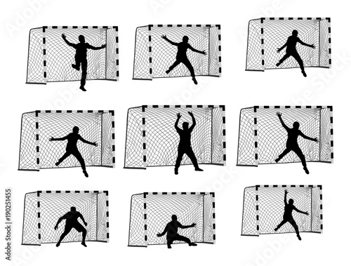 Handball (soccer) goalkeeper silhouette vector. Goalkeeper silhouette, black icon and net isolated on white background. 