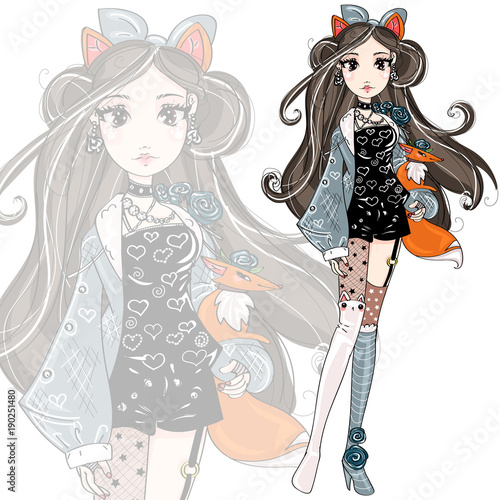 Cute fashion foxy girl cartoon character with little fox, hand drawn vector illustration