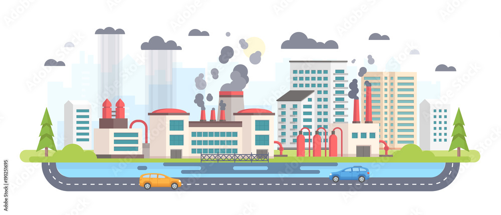 Urban landscape with factory - modern flat design style vector illustration
