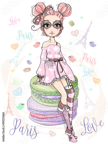 Cute little girl dreams about travel to Paris, romantic style fashion teenager portrait, Paris life background with Eiffel Tower, hearts, birds and macaroons vector illustration