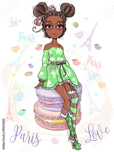 Cute little Afro girl dreams about travel to Paris, romantic style fashion teenager portrait, Paris life background with Eiffel Tower, hearts, birds and macaroons vector illustration