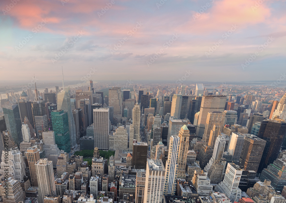 New York City, USA. Amazing aerial Manhattan view at sunset