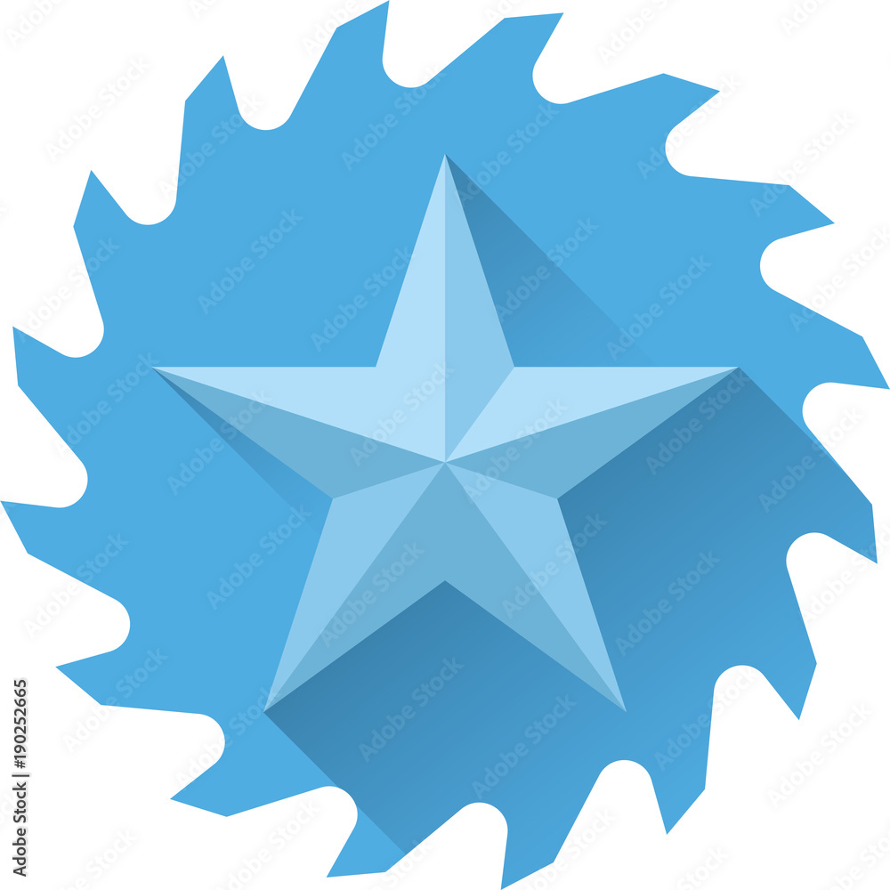 A blue star on the background of a disk from a circular saw. Flat design. Vector illustration. A blue star on the background of a disk from a circular saw. Flat design. Vector illustration.