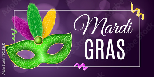 Flyer for Mardi Gras carnival. Luxurious mask with colorful feathers. Festive flyer, template. Cover with a banner frame. Vector