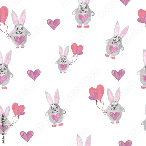 Hand paint watercolor seamless pattern with cute grey bunny